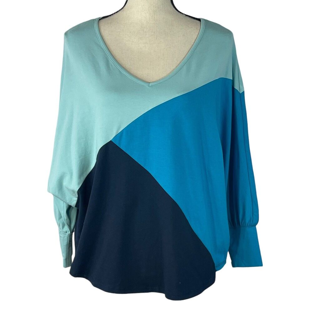Willow Drive Medium Top V-Neck Dolman Sleeves Stretch Colorblock Blue Multi New